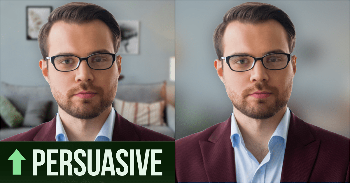 Man in front of a living room background with and without a blur. The version without the blur performs better