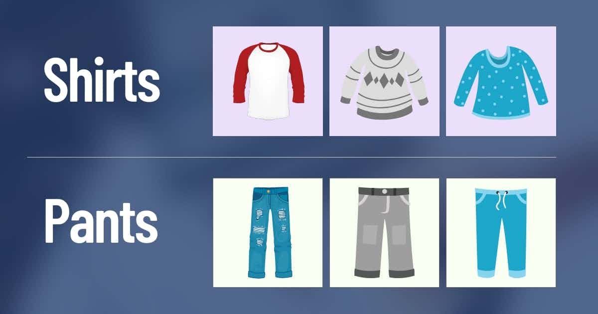 Categories of clothing grouped by similar locations and colors
