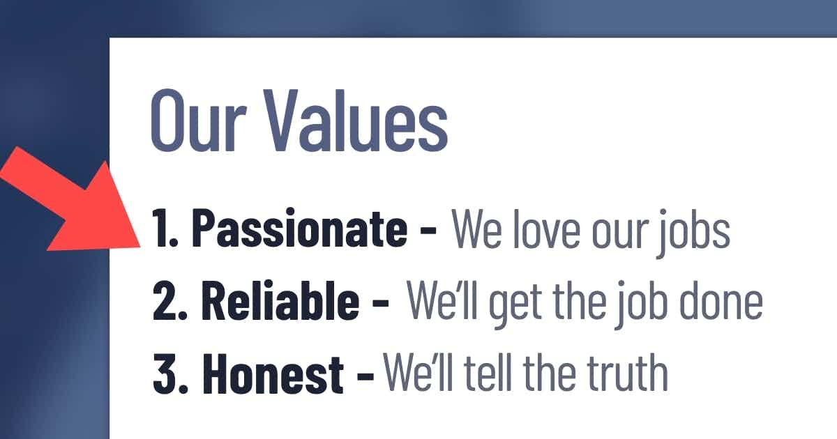 A bulleted list of "our values," and the beginning of each item is bolded with the key value (e.g., passionate, reliable, honest).