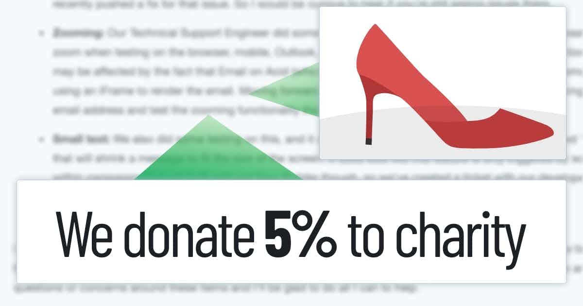 Product page of luxury shoe with the words "We donate 5% to charity" 