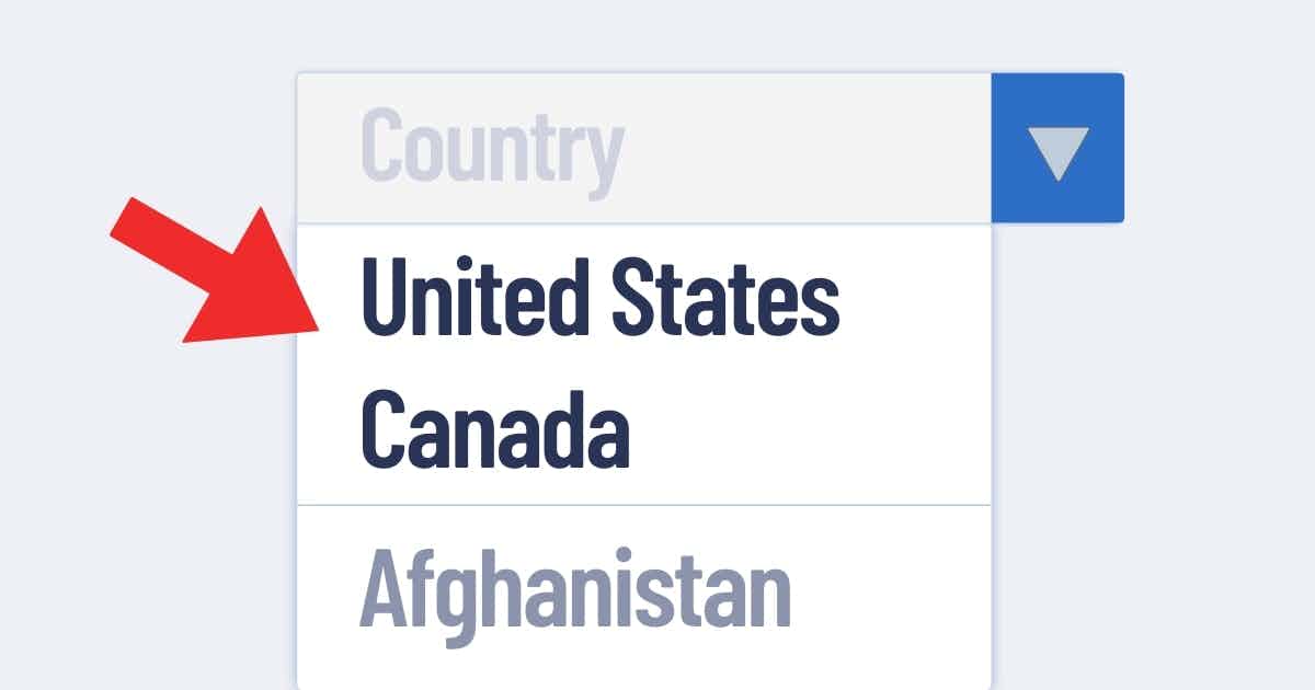 Drop-down menu with common country located at the top